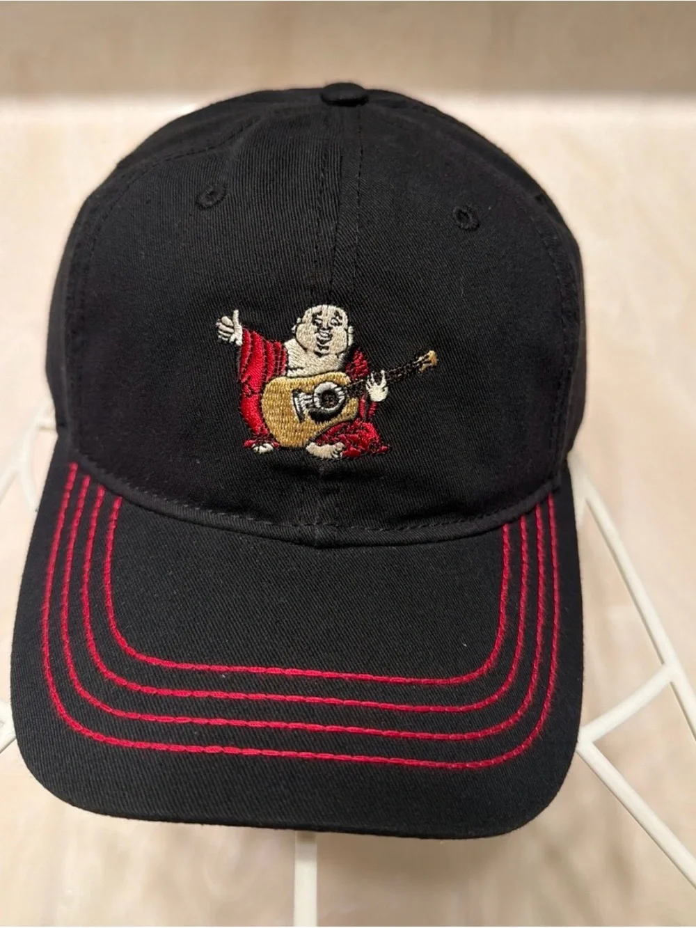 True Religion Black Baseball Cap with Red Stitching and Embroidered Buddha